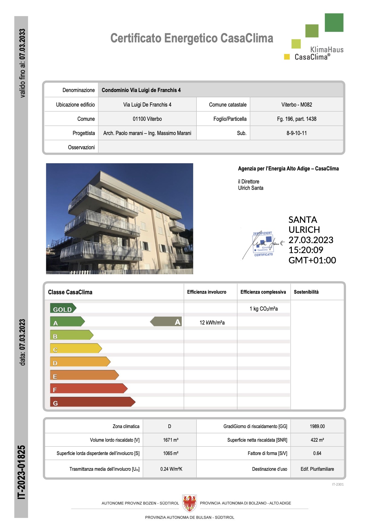 Certificazione energetica CasaClima classe A edificio Viterbo